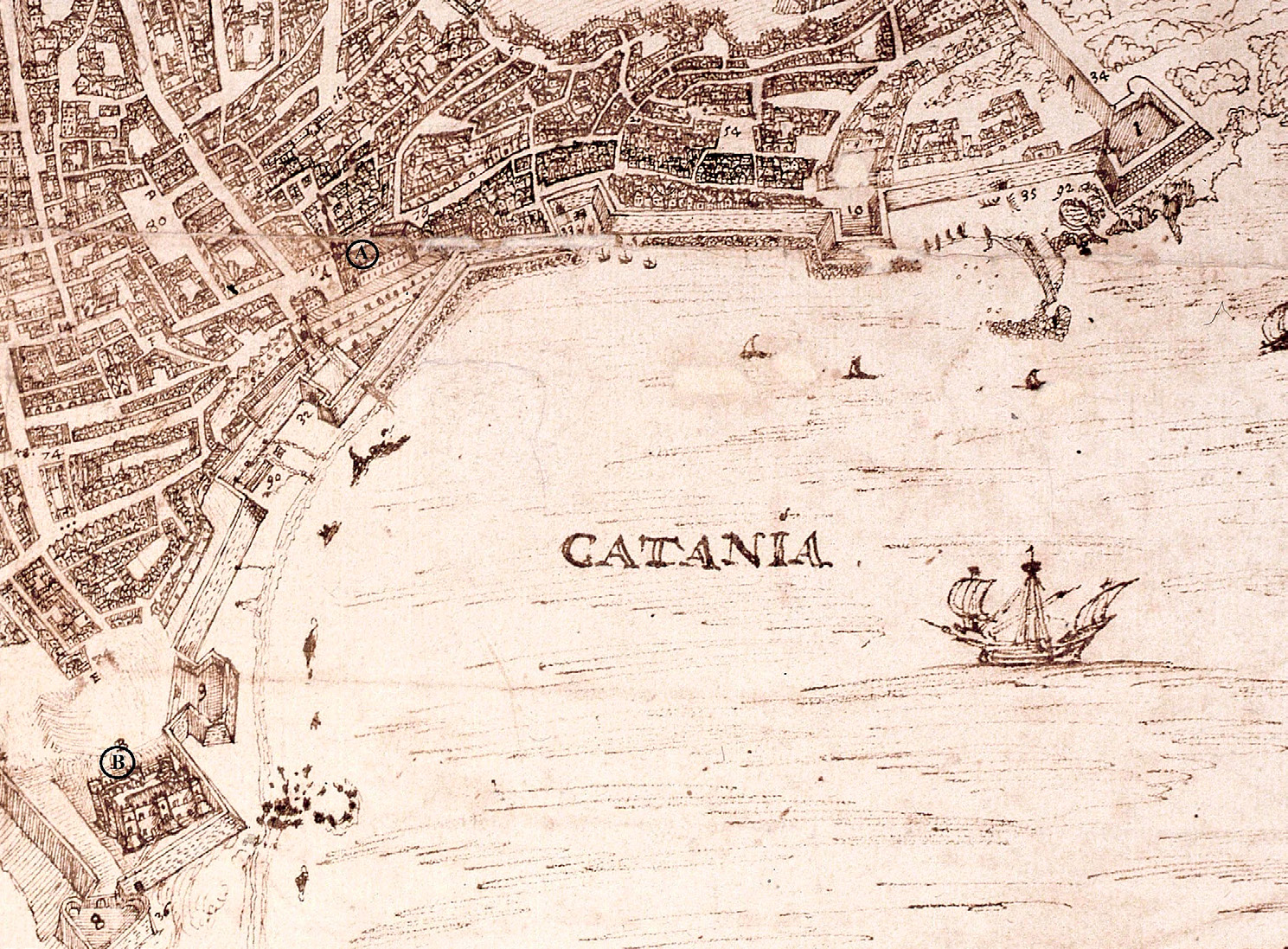 Fig. 2 – View of Catania (1584), detail with the Cathedral (A) and the Ursino Castle (B). Rome, Biblioteca Angelica, BSNS 56/80.