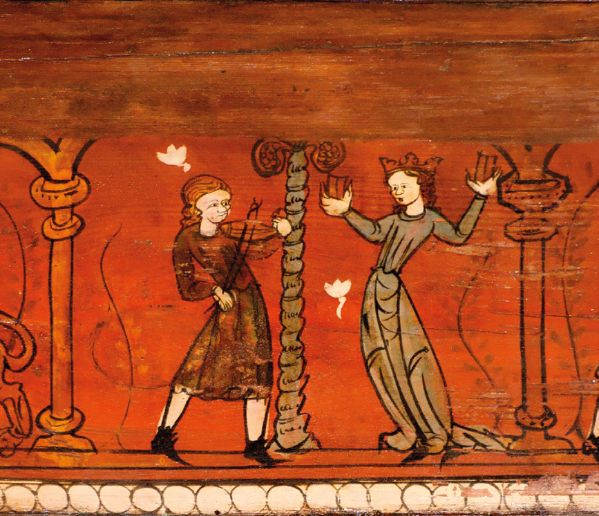 Fig. 4 – Músico y bailarina, artesonado, siglo XIV. Marta Villazón, Museo Arqueológico, Llíria.