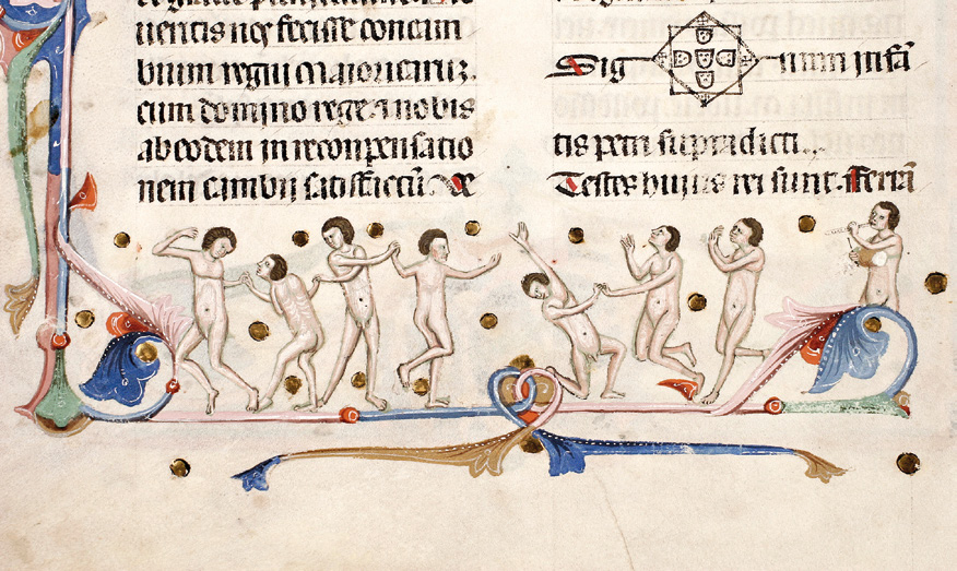 Fig. 5 – Maestro de los Privilegios, marginalia, carola de hombres desnudos. Libre dels Reis o Llibre de franqueses i privilegis del Regne de Mallorca, Còdex núm. 1, fol. 26v., 1336-1361. Arxiu del Regne de Mallorca, Palma, Mallorca.