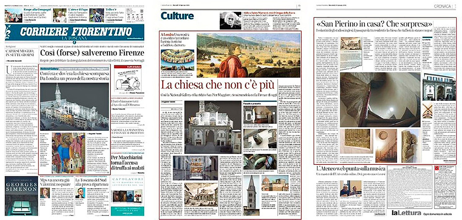 Fig. 8 – Articoli nel «Corriere Fiorentino» sulla ricostruzione virtuale di San Pier Maggiore (martedì 19 gennaio 2016, Anno IX, n. 17, copertina e pagina 13; mercoledì 20 gennaio 2016, Anno IX, n. 18, pagina 7).