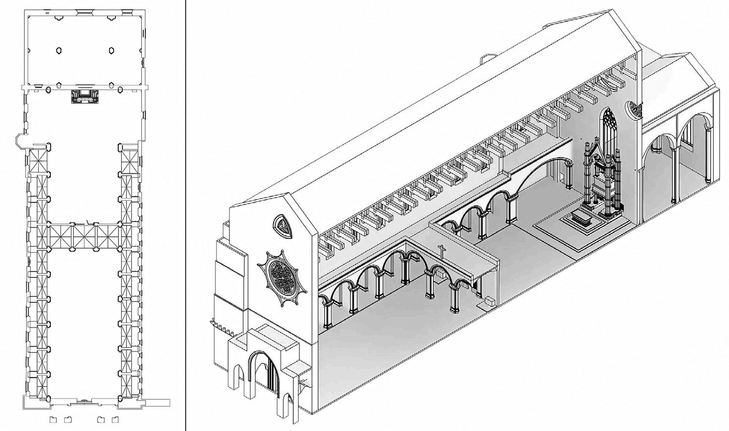 Fig. 1 – Views of the hypothetical screen, church plan (left) and axonometric view (right).