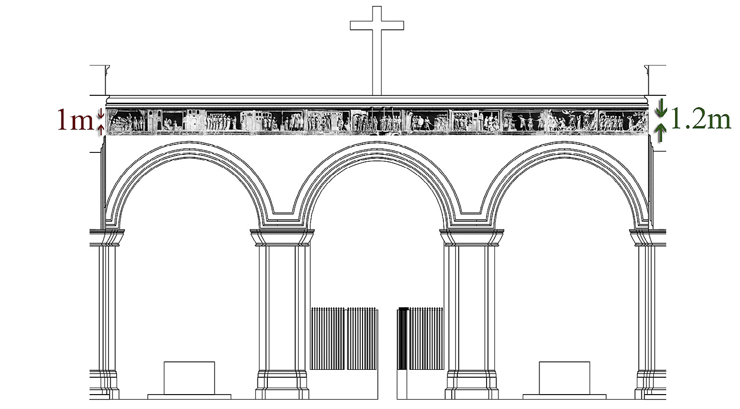 Fig. 12 – Hypothetical screen, measurements of Sta. Catherine reliefs (1 m) and apex of screen (1,2 m).