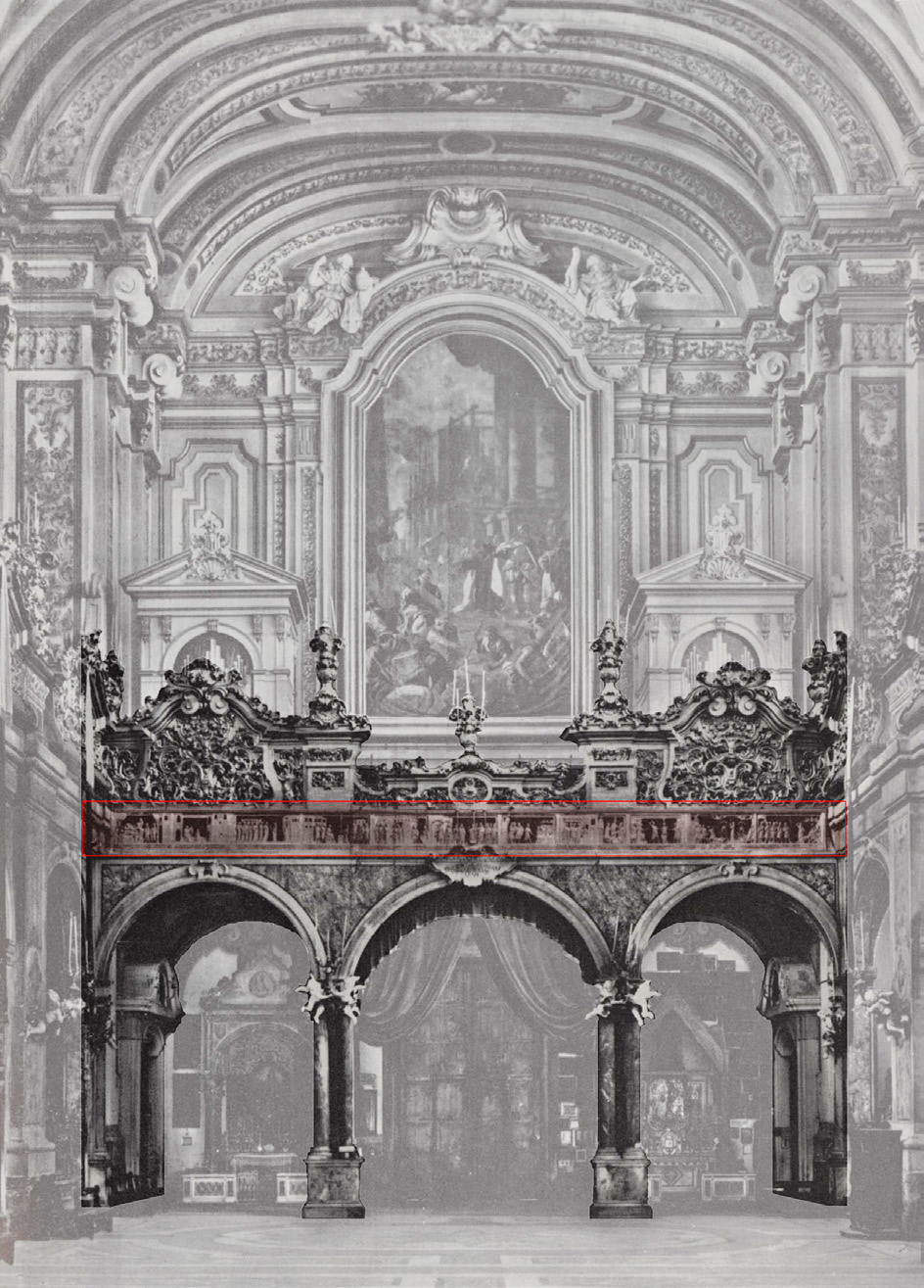 Fig. 13 – Counter-facade prior to 1943 church bombing showing Sta. Catherine reliefs on a structure similar to the hypothetical screen.