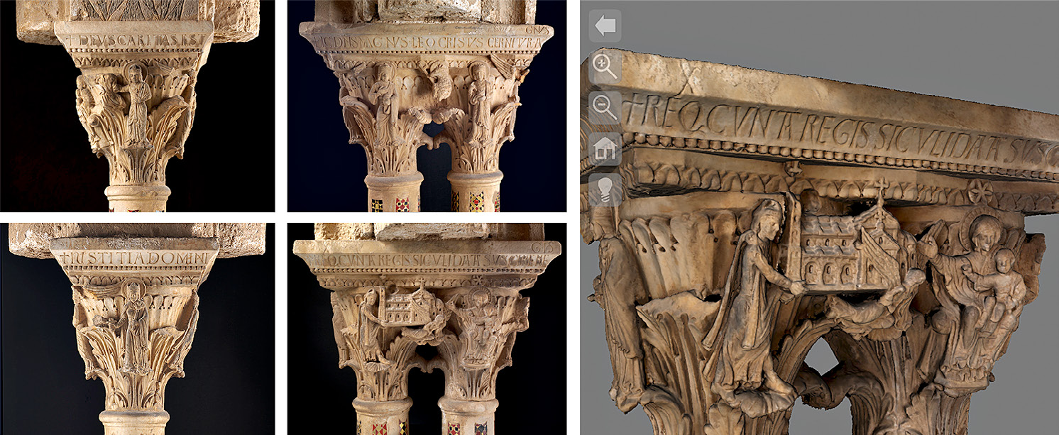 Fig. 2 – An example of the Monreale cloister, west side, capital no. 8; left: the set of photos acquired; right: the related 3D model, produced with active 3D scanning technology.