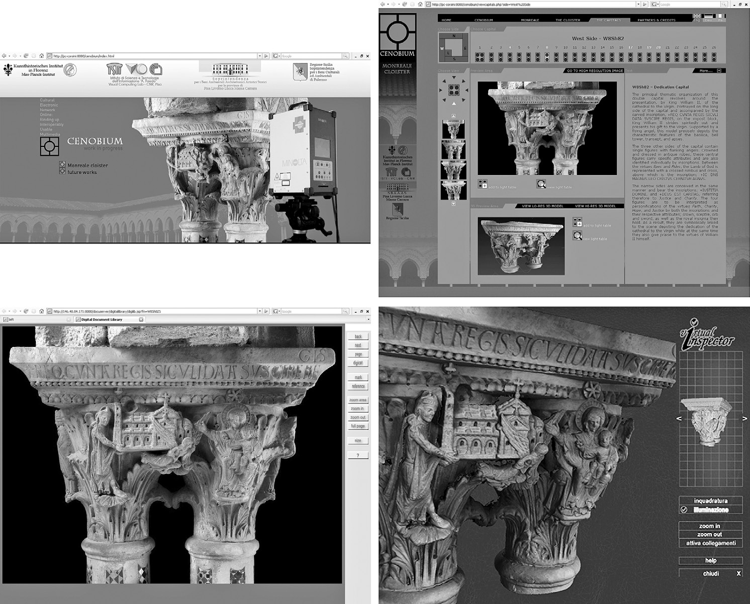 Fig. 3 – The first kiosk-based version of CENOBIUM; (a) the homepage of the kiosk; (b) the main page to browse and access the capitals of the Monreale cloister (note the buttons for activating the visualization of high-resolution images of 3D models); (c) the interface of the Digilib tool for browsing high-resolution photographs; (d) the Virtual Inspector tool for visualizing high resolution 3D models.