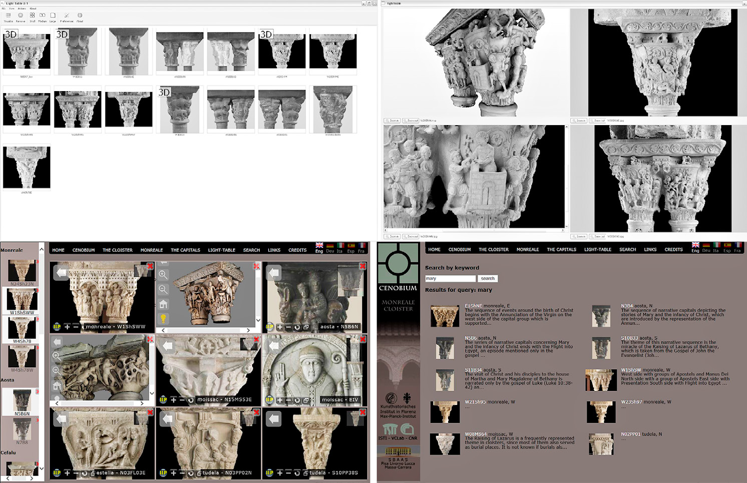 Fig. 4 – The first kiosk-based version of CENOBIUM - the LightTable application, which uses a different screen layout to adjust to the number of visual objects selected by the user; (a) a set of digital assets selected by a user; (b) a session of the LightTable with four assets visualized (three images and one 3D model seen in the upper left panel). Below (c), the current versions of the CENOBIUM LightTable and (d) the query page displaying the results of a term-based search (in this specific case, the term “Mary”).