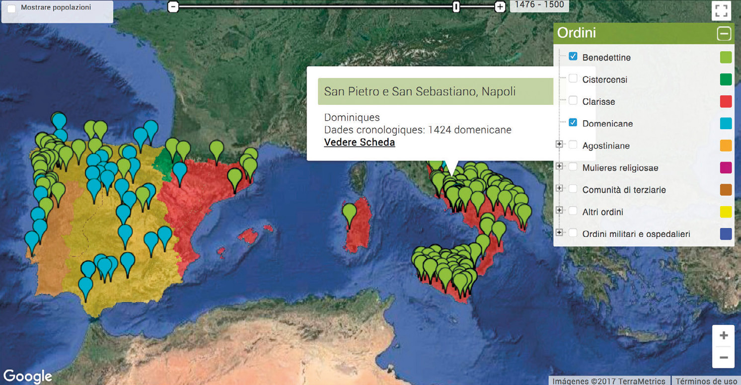 Fig. 1 – Imagen extraída del Atlas CLAUSTRA relativa a la ubicación de los monasterios de benedictinas y dominicas entre 1476 y 1500.