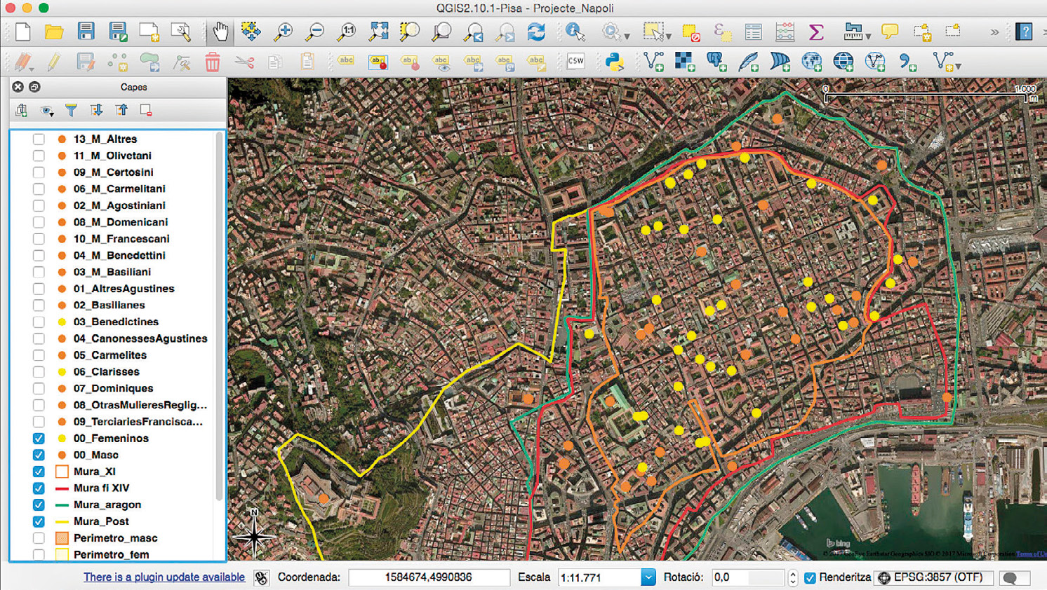 Fig. 4 – Ventana del programa QGIS en el estudio de los monasterios femeninos y masculinos localizados en la ciudad de Nápoles (siglos XII-XV).