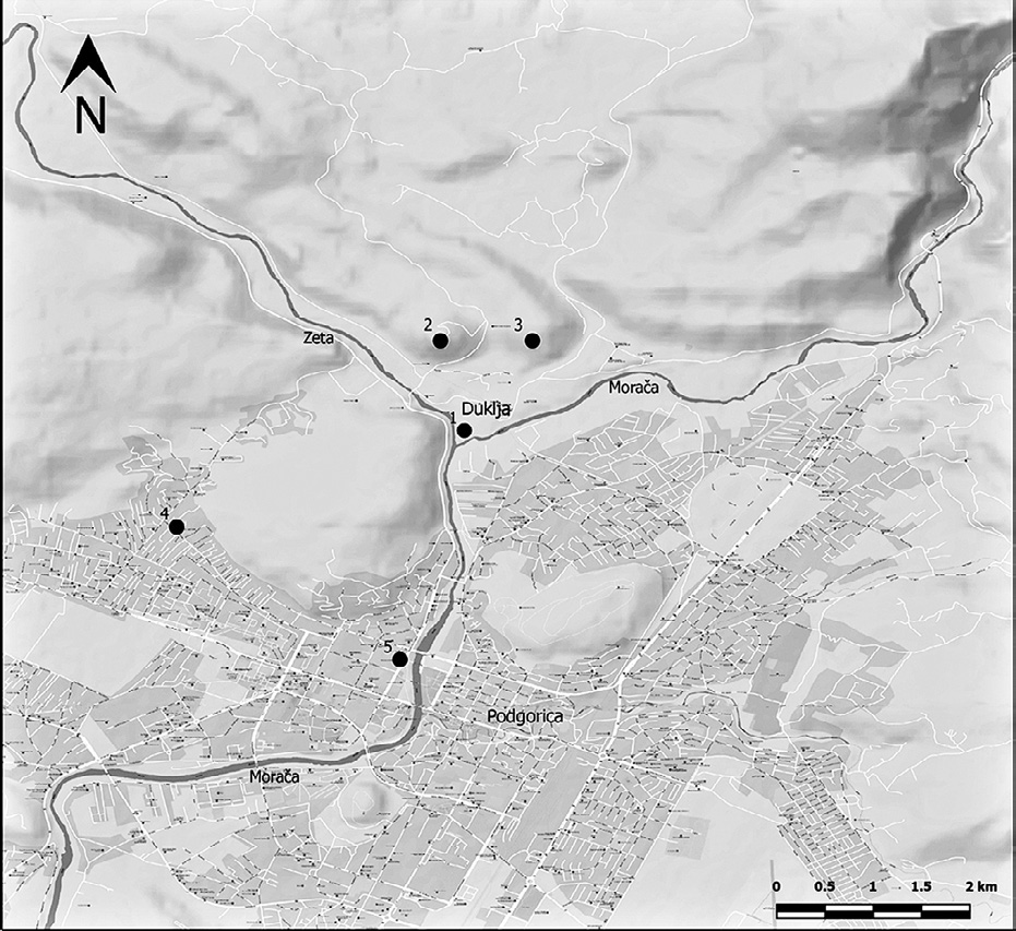 Fig. 1 – The Doclea valley: 1. Doclea; 2. Trijebac; 3. Doljanska Glavica; 4. The Copper-Age Gruda Boljevica tumulus; 5. The Middle Bronze Age Neškova Gruda tumulus.