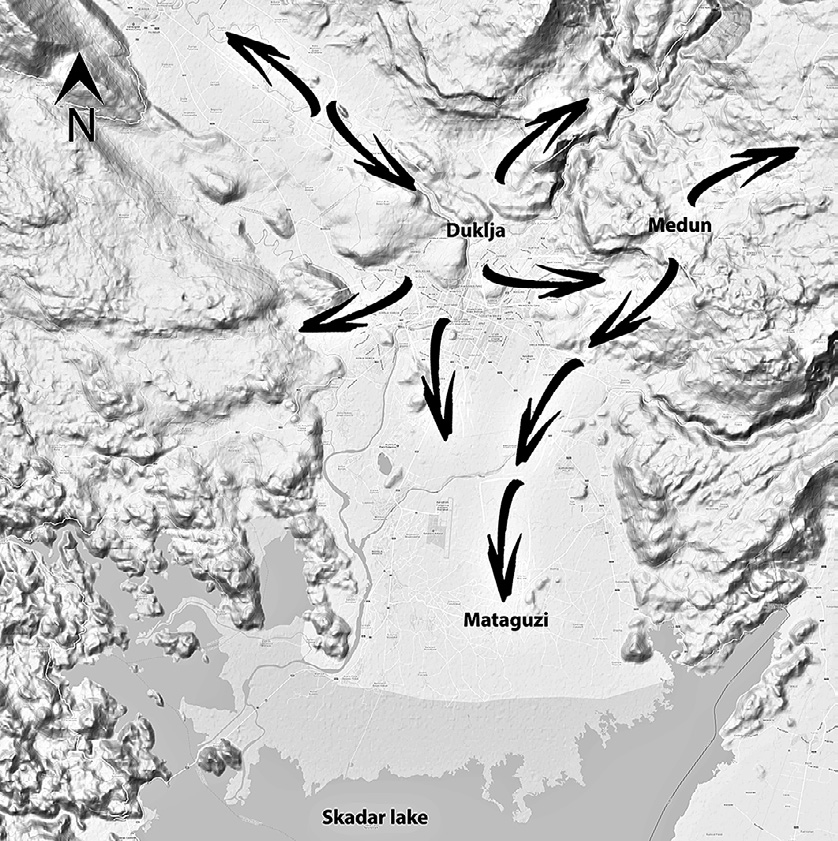 Fig. 2 – The Zeta plain with hypothetical ancient routes.