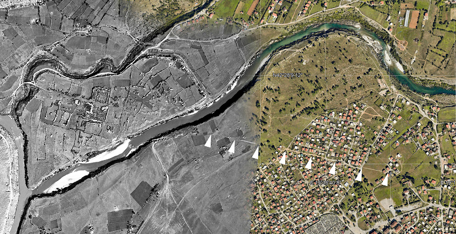 Fig. 3 – Traces of an ancient road, being the continuation of the Doclea decumanus beyond the Moraca river, as seen both in a 1942 aerial photograph of World War II and in a 2014 Google Earth satellite image (satellite WorldView-2, 29/08/2014).