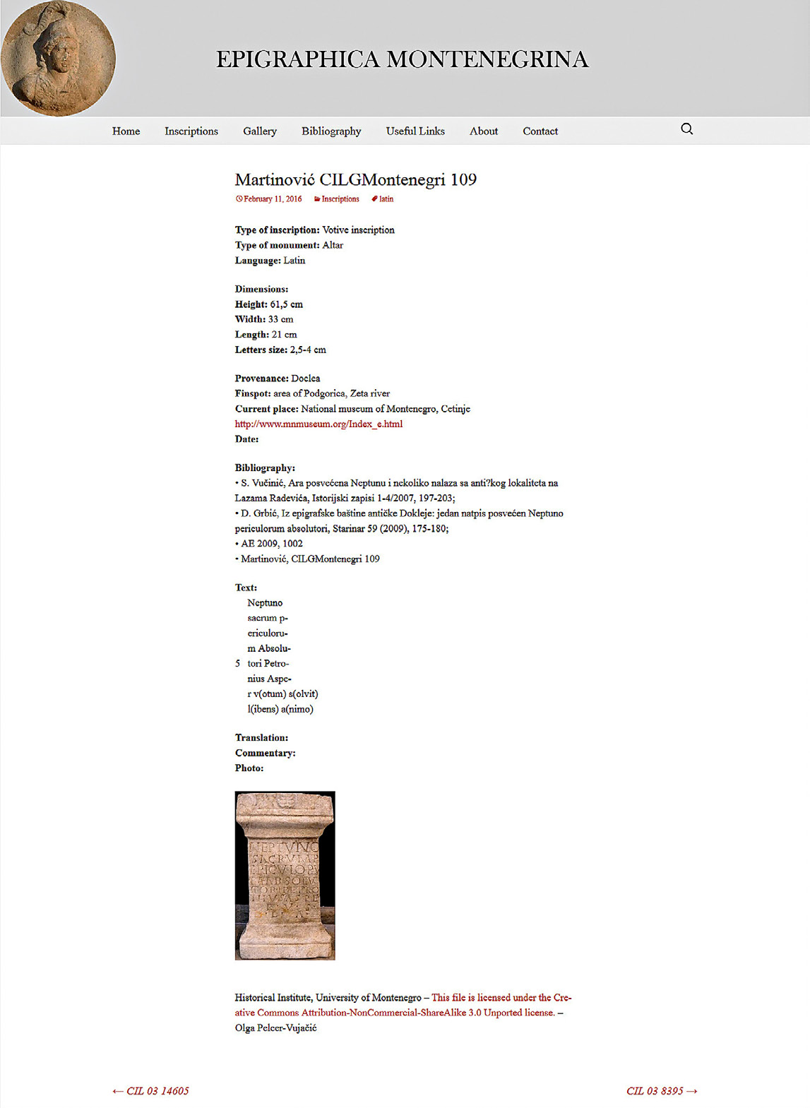 Fig. 3 – Screenshot of Epigraphica Montenegrina database, with an inscription from Doclea (http://www.epigraphicamontenegrina.me/martinovic-cilgmontenegri-109/).