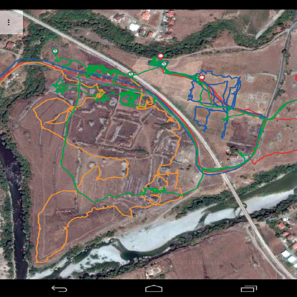 Fig. 2 – The territorial survey. The image displays the survey routes followed on three different days, as registered by tablet.