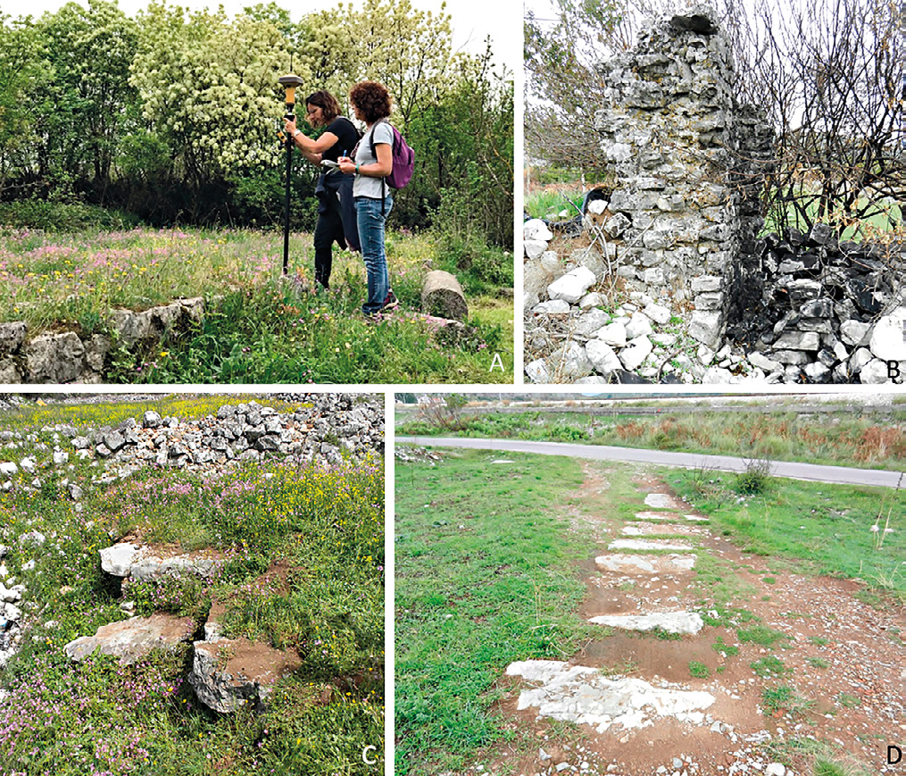 Fig. 3 – A: acquisition of coordinates by means of differential GPS; B: corner of a masonry structure standing in the SE part of the Doclea plateau; C: paving in limestone slabs covering a channel in the SW part of the plateau; D: stone paved road identified during the survey.