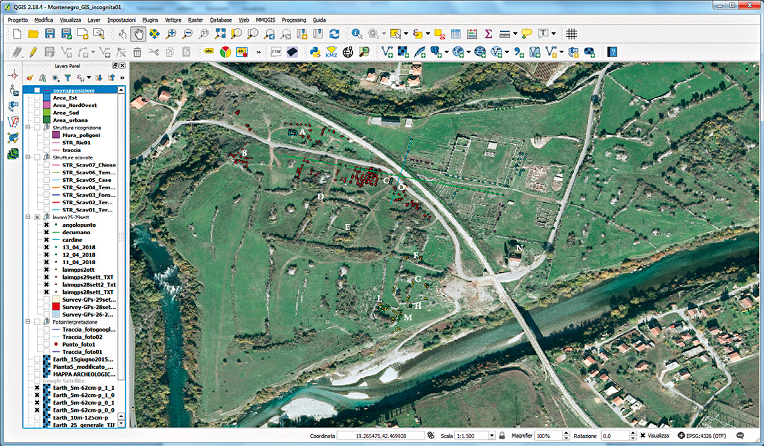 Fig. 4 – Satellite image with the GPS points superimposed. The different colours correspond to the different days of acquisition.