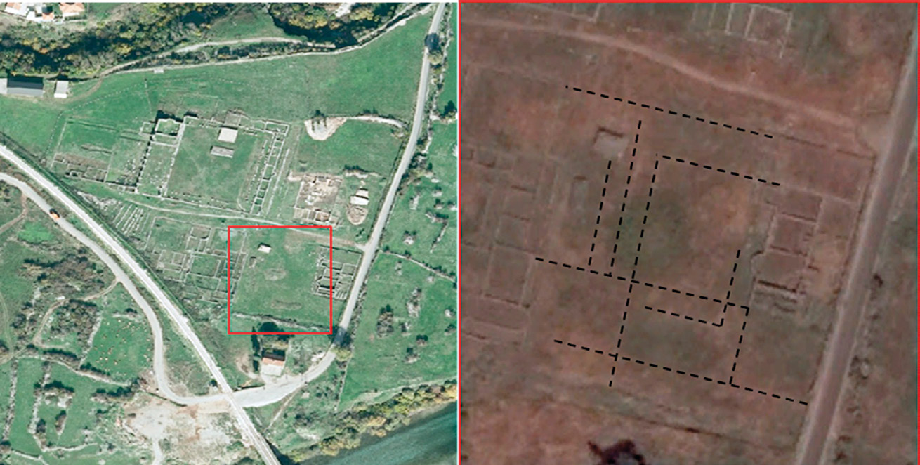 Fig. 5 – Satellite image of the forum area. On the right, the archaeological photo-interpretation of the thermae zone (World View-3 satellite image belonging Google Earth™ 2017, Google Inc. acquired on 15th June 2015).