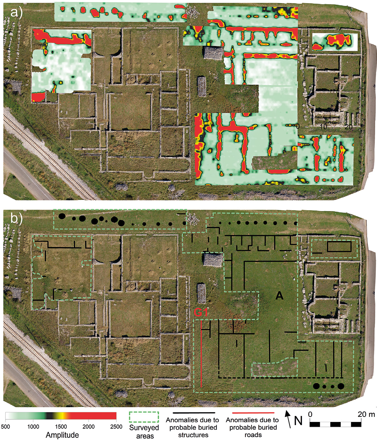 Fig. 2 – GPR results between the thermae: time slice relative to the time window 14-18 ns (about 0.7-1.4 m in depth), overlapped on the photogrammetric image (a) and identification of anomalies (b).