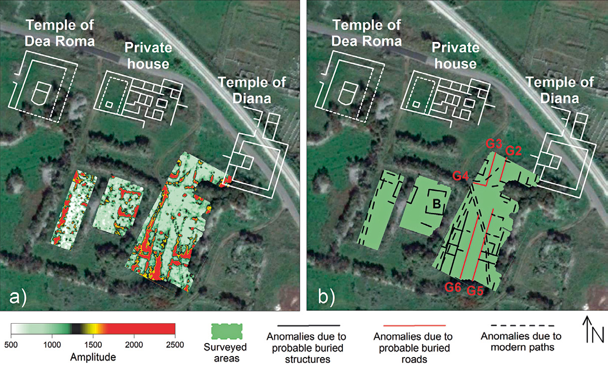 Fig. 3 – GPR results in the southern part of the private houses: time slice relative to the time window 14-18 ns (about 0,7-1,4 m in depth), overlapped on the photogrammetric image (a) and identification of anomalies (b).