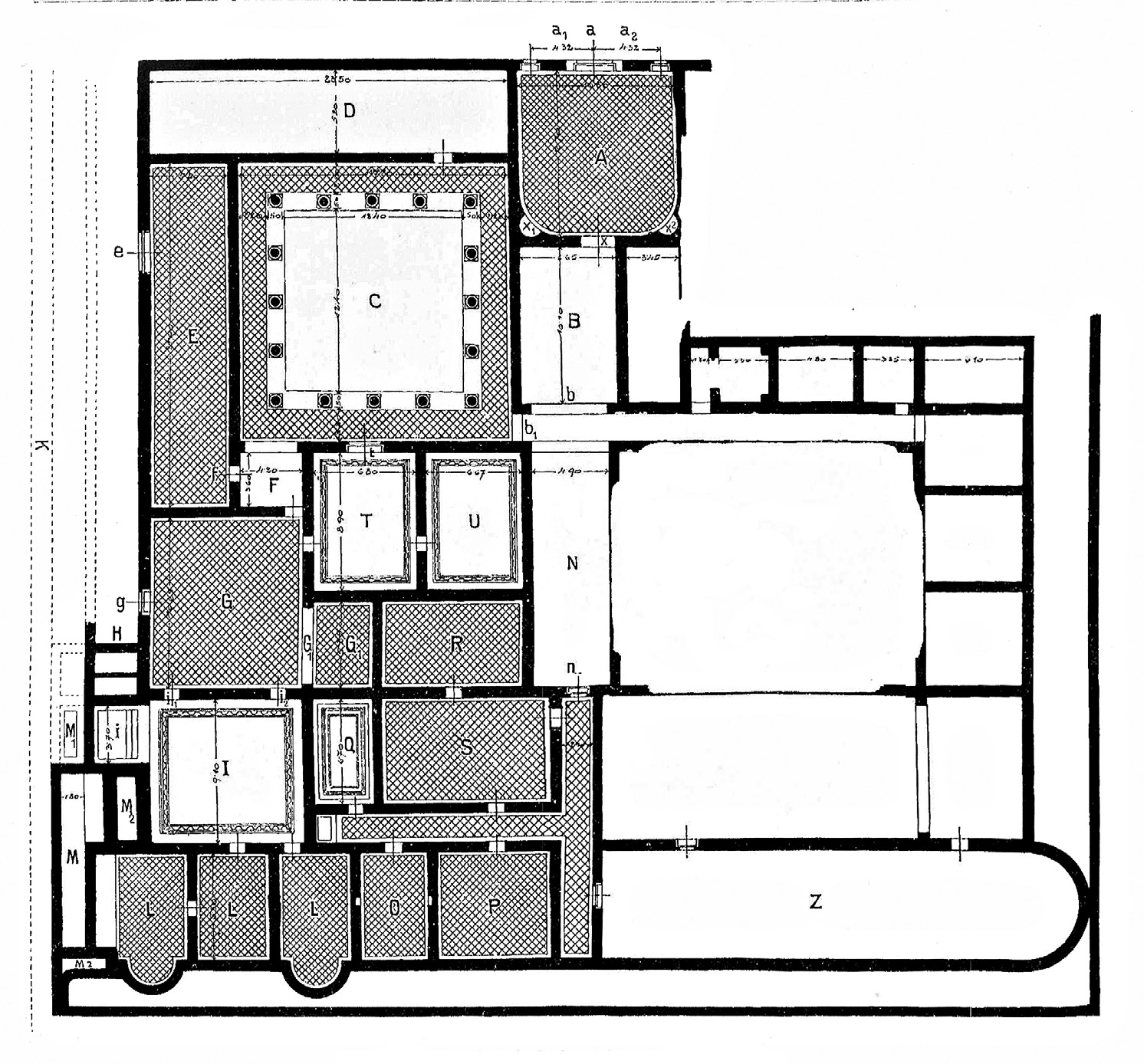 Fig. 5 – Doclea, plan of the large thermae (after Sticotti 1913, fig. 52).