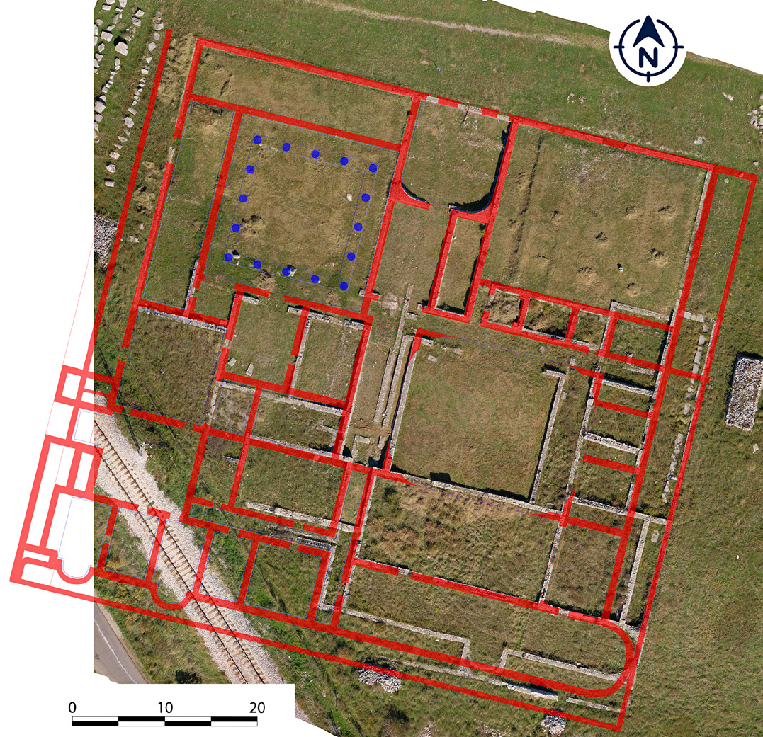 Fig. 11 – Doclea, large thermae: Sticotti plan over orthophoto (A. D’Eredità)