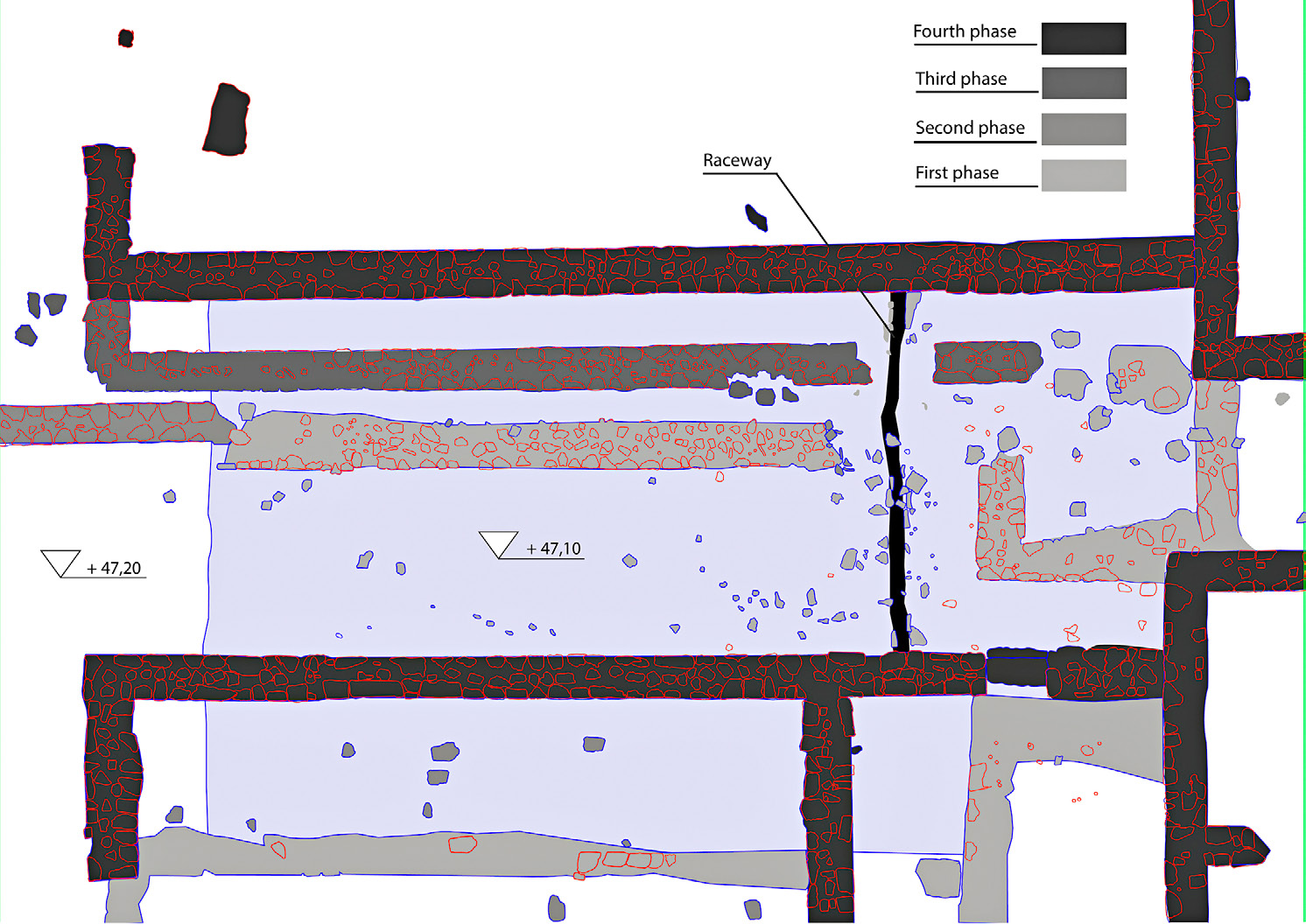 Fig. 12 – Doclea, large thermae: different building phases (A. D’Eredità)