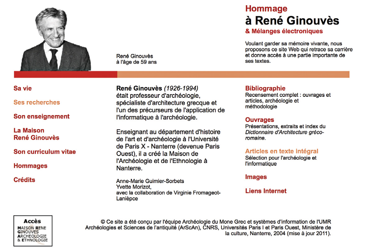 Fig. 7 – Page d’accueil du site consacré à René Ginouvès en 2016 (http://www.mae.parisnanterre.fr/ginouves/; capture d'écran de 09/2019).