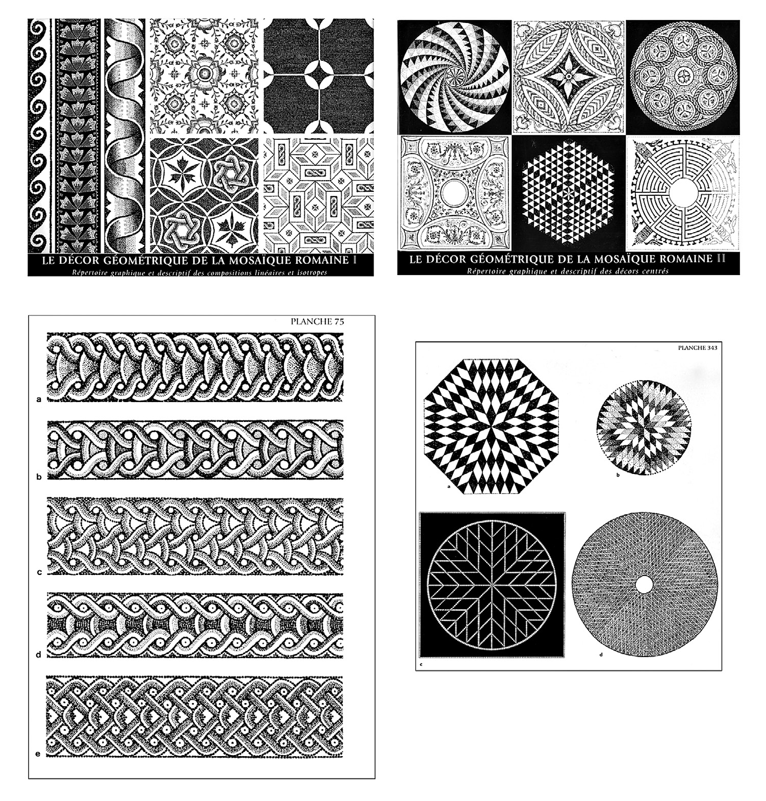 Fig. 8 – Couvertures des volumes Le décor géométrique de la mosaïque romaine (Décor I et II); cinq variantes du motif du guillochis (dessins de Richard Prudhomme, Décor I, pl. 75) et quatre formes de boucliers de losanges (dessins de Marie-Pat Raynaud, Décor II, pl. 343).