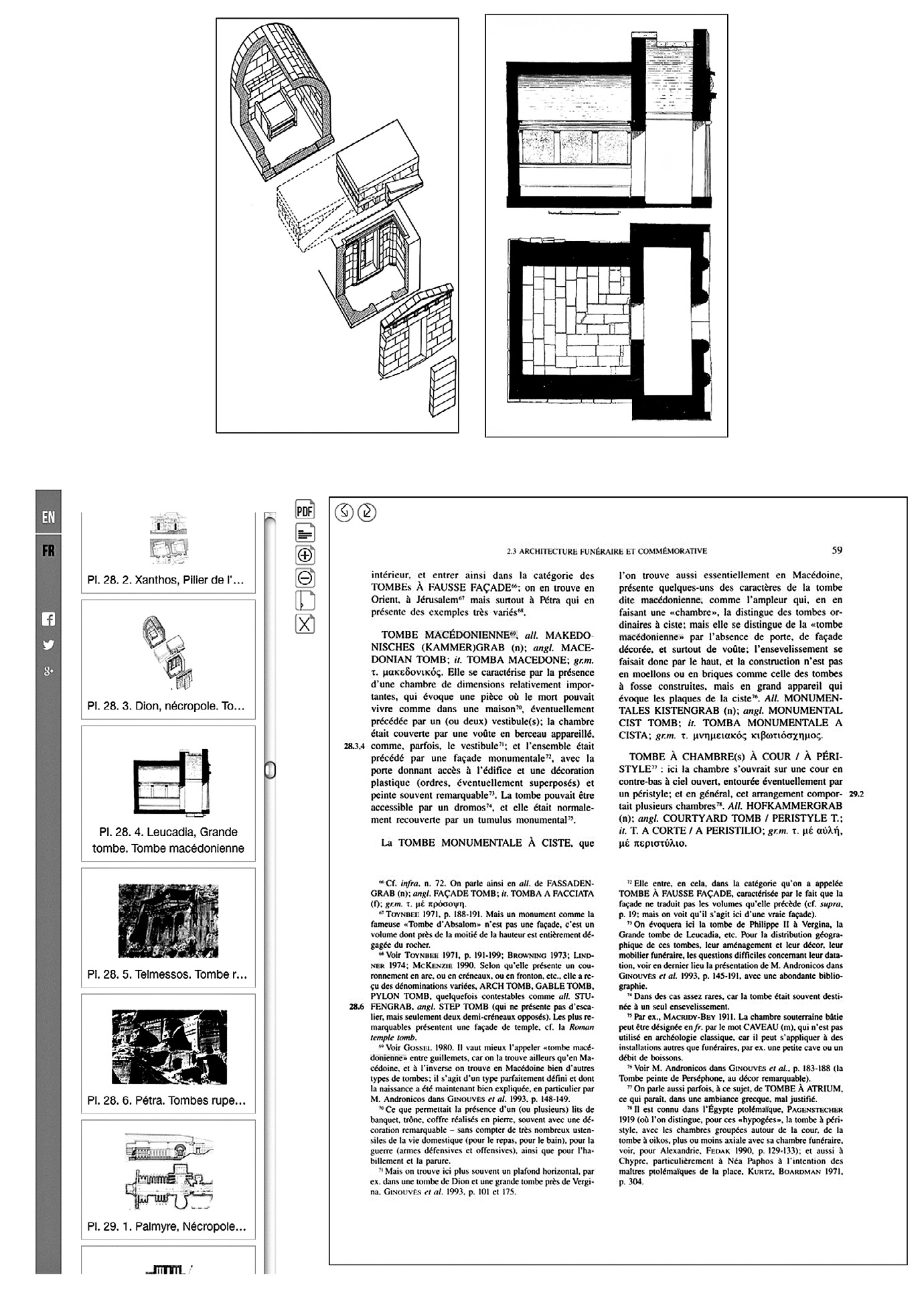 Fig. 9 – Dictionnaire méthodique de l’architecture grecque et romaine, planches de la tombe macédonienne de Dion et de la Tombe du Jugement de Lefkadia (Ginouvès 1998, pl. 28.3 et 28.4); capture d’écran du site Persée, en 2013, montrant un chemin de fer des planches du dictionnaire et un fac-simile de la définition de la “tombe macédonienne” (ibid., 59).