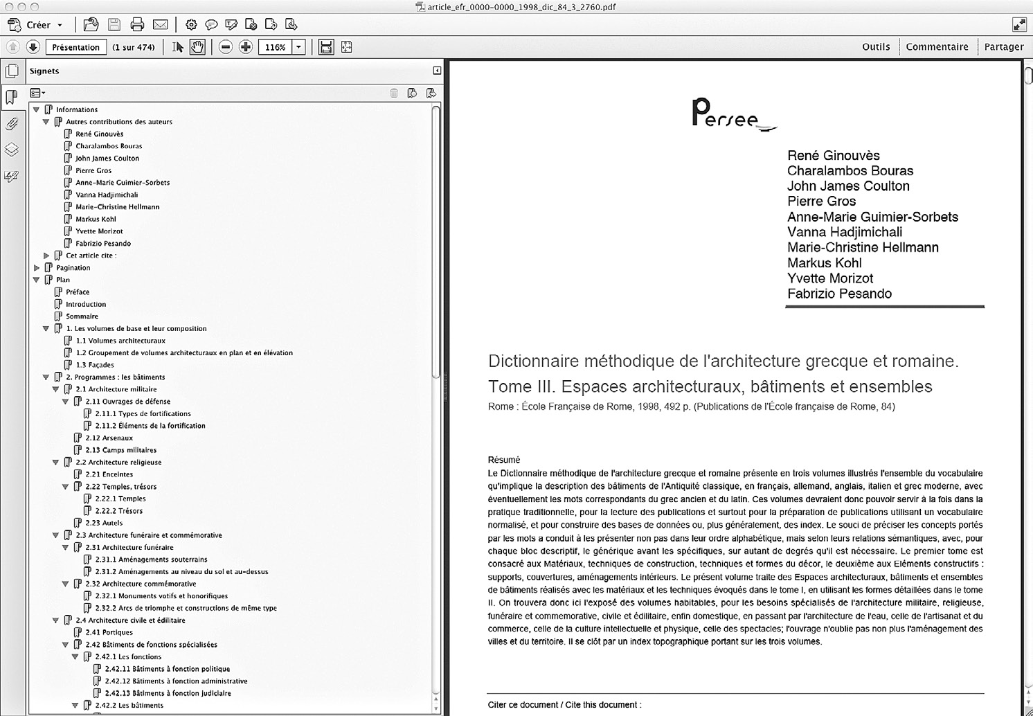 Fig. 10 – Dictionnaire méthodique de l’architecture grecque et romaine, capture d’écran de la version déchargée sous Acrobat 9 en 2013 (Ginouvès 1998). En comparant à la version en ligne (Fig. 9), on observe le remplacement du chemin de fer des planches par une série de liens bibliographiques.