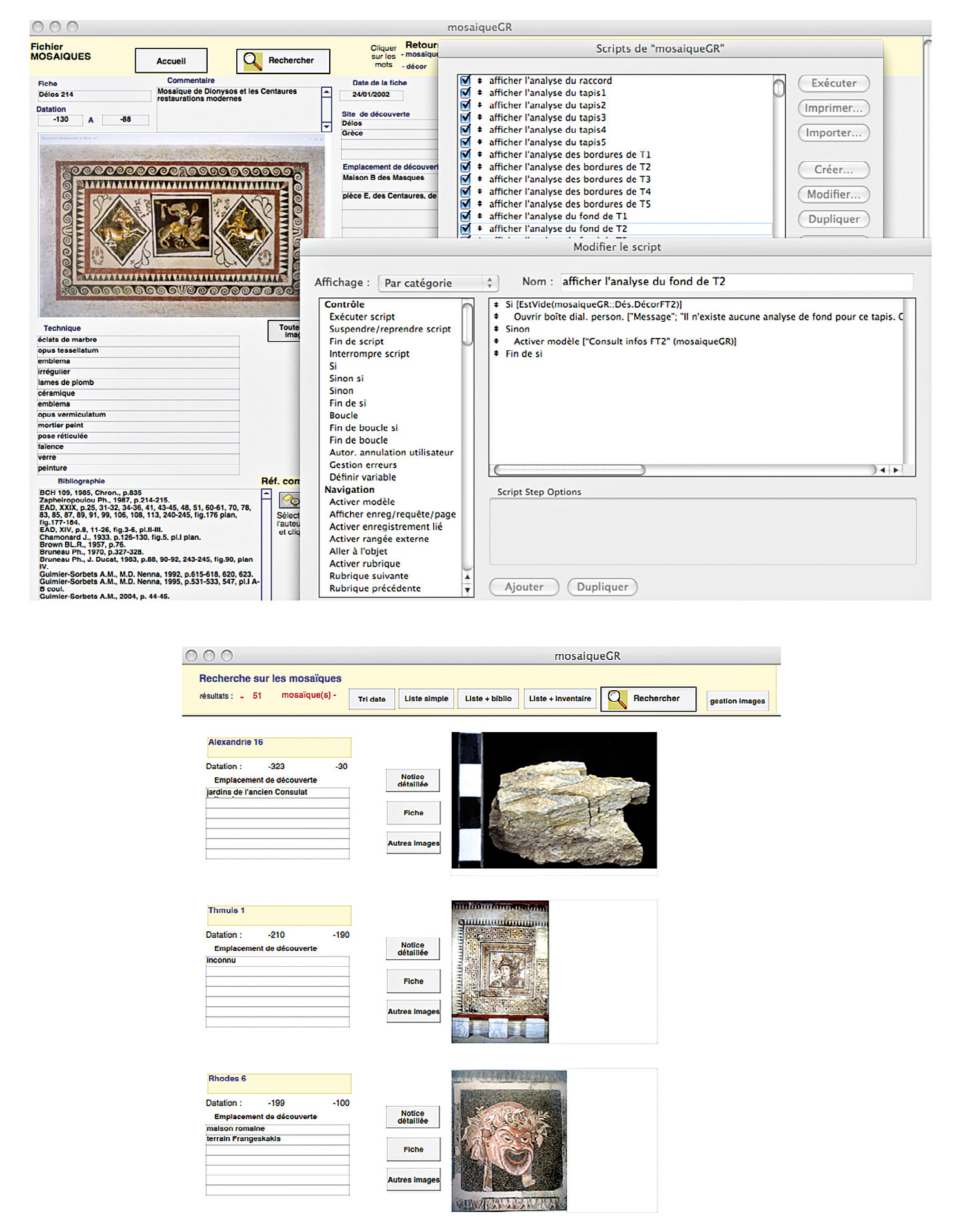 Fig. 13 – Anne-Marie Guimier-Sorbets, Base des mosaïques hellénistiques du monde grec, migration vers le logiciel Filemaker Pro et association des images numérisées après le stockage “analogique” sur vidéodisque en 1984-1985 (archives de l’équipe Archéologie du monde grec et systèmes d’information).