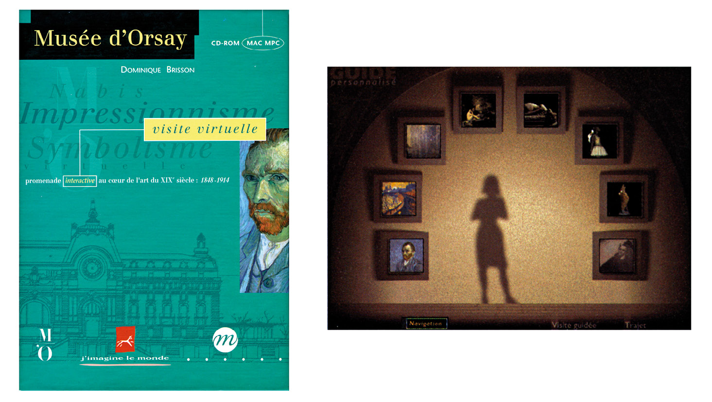 Fig. 24 – CD-ROM multimédia Musée d’Orsay, Réunion des Musées Nationaux, Musée d’Orsay, Montparnasse Multimédia 1996. Jaquette du disque à gauche, le réalisateur Dominique Brisson détient la responsabilité principale; copie d’écran à droite, montrant une hôtesse qui guide la visite virtuelle (Guimier-Sorbets 1998, 15-16).