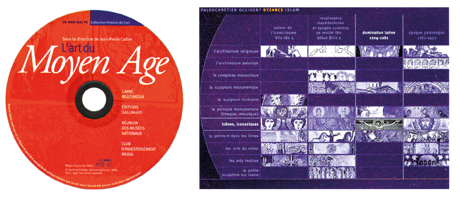 Fig. 25 – CD-ROM multimédia L’Art au Moyen Age, Occident, Byzance, Islam, Réunion des Musées Nationaux, Gallimard, Carré multimédia, 1995. Jaquette du disque à gauche, l’éditeur scientifique Jean-Pierre Caillet détient la responsabilité principale; copie d’écran à droite, d’une grille d’imagettes permettant à l’usager de croiser le domaine de création artistique, l’époque et la civilisation (Guimier-Sorbets 1998, 20-21).