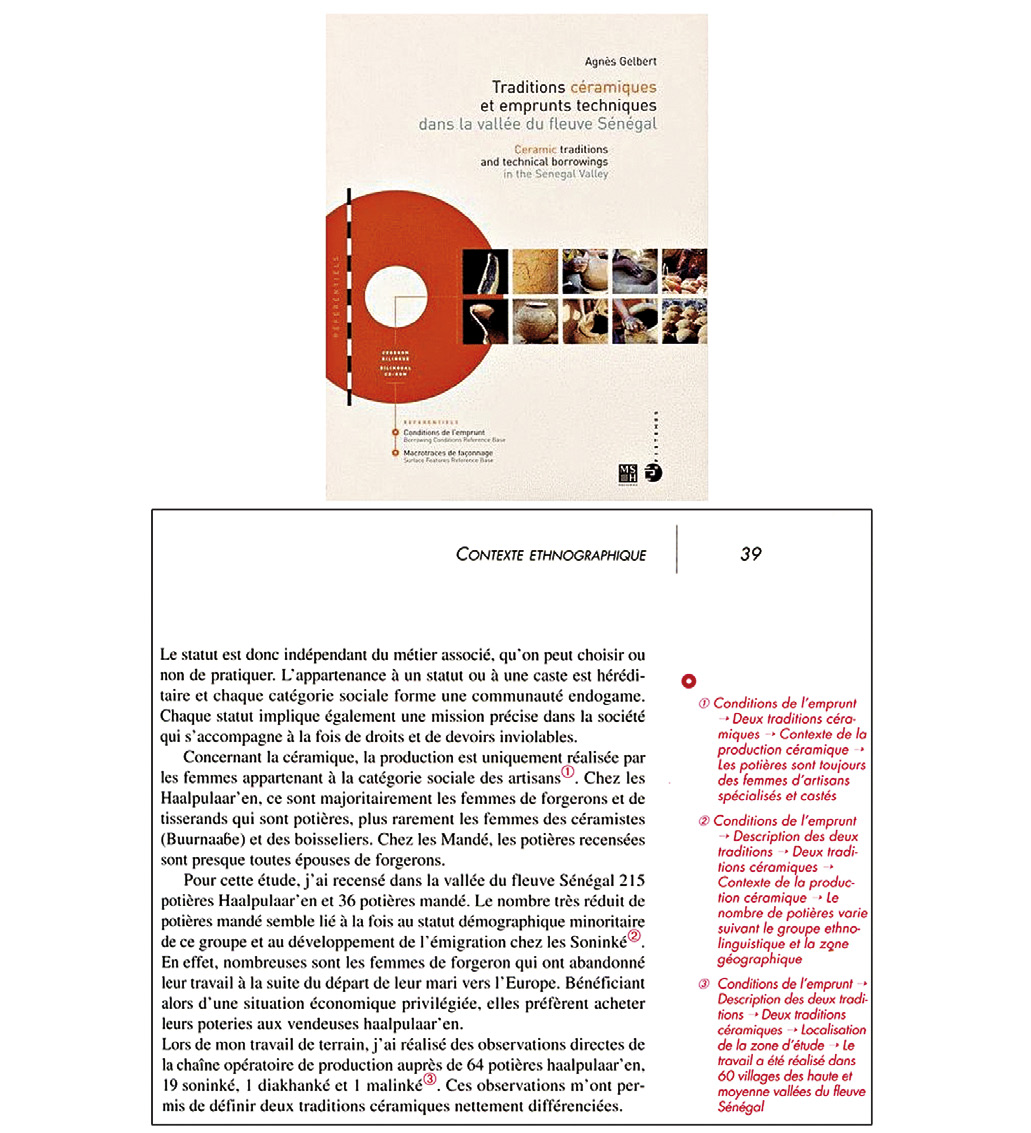 Fig. 27 – Extrait de la publication combinée livre/CD au format logiciste Traditions céramiques et emprunts techniques dans la vallée du fleuve Sénégal (Gelbert 2003a): dans la marge droite, trois repères permettent le passage du livre au CD-ROM.