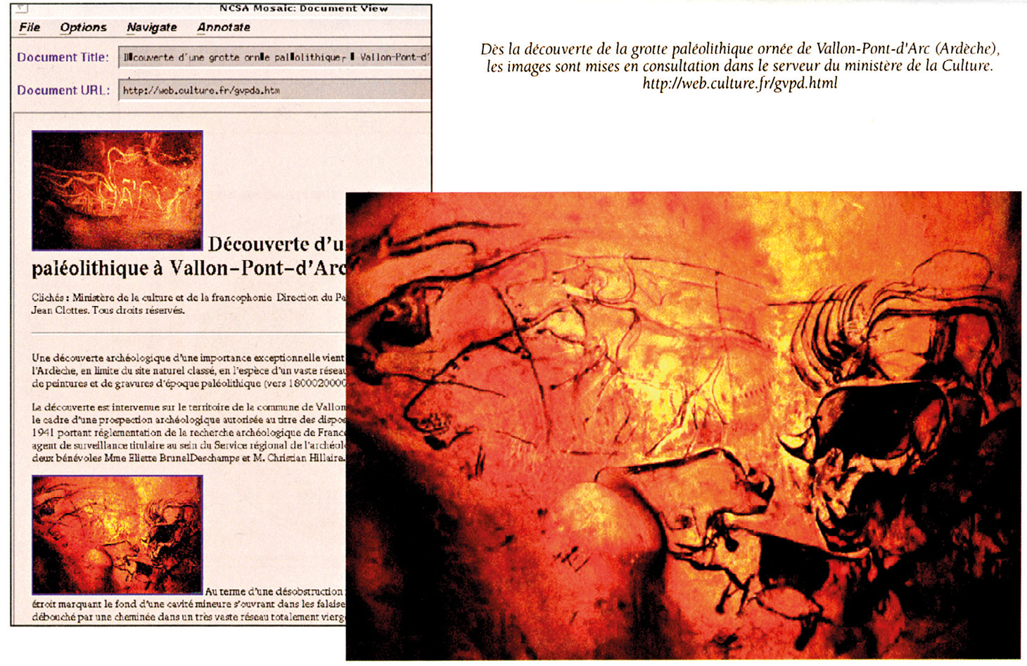 Fig. 33 – 1995, page intérieure du site http://www.culture.fr/, premières images de la Grotte Chauvet (Simeray 1995, dans le cahier couleur central).