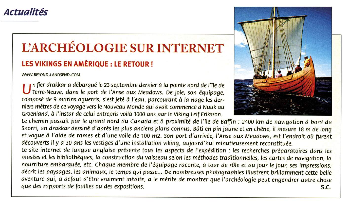 Fig. 34 – Site web Beyond Lands’End en 1998, offrant des actualités scientifiques sur les voyages vikings à un public large («Archéologia», 351, décembre 1998, 6); en 2016, la communication est passée sur le réseau social Pinterest dans le groupe Beyond Lands’End: Viking Voyage 1000.