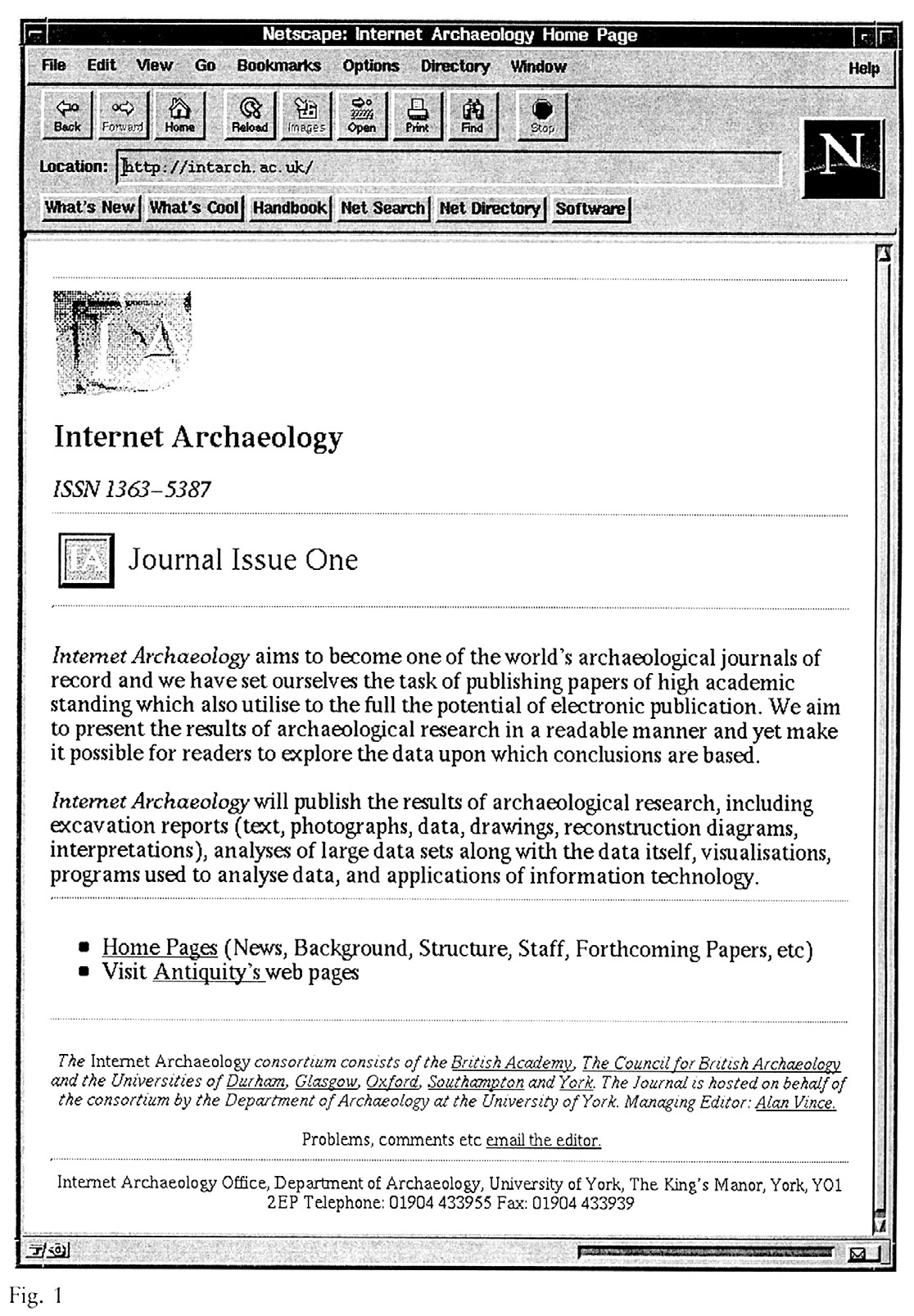 Fig. 37 – La revue Internet Archaeology en 1996, page d’accueil associant la prestigieuse revue Antiquity (Heyworth et al. 1996, fig. 1).