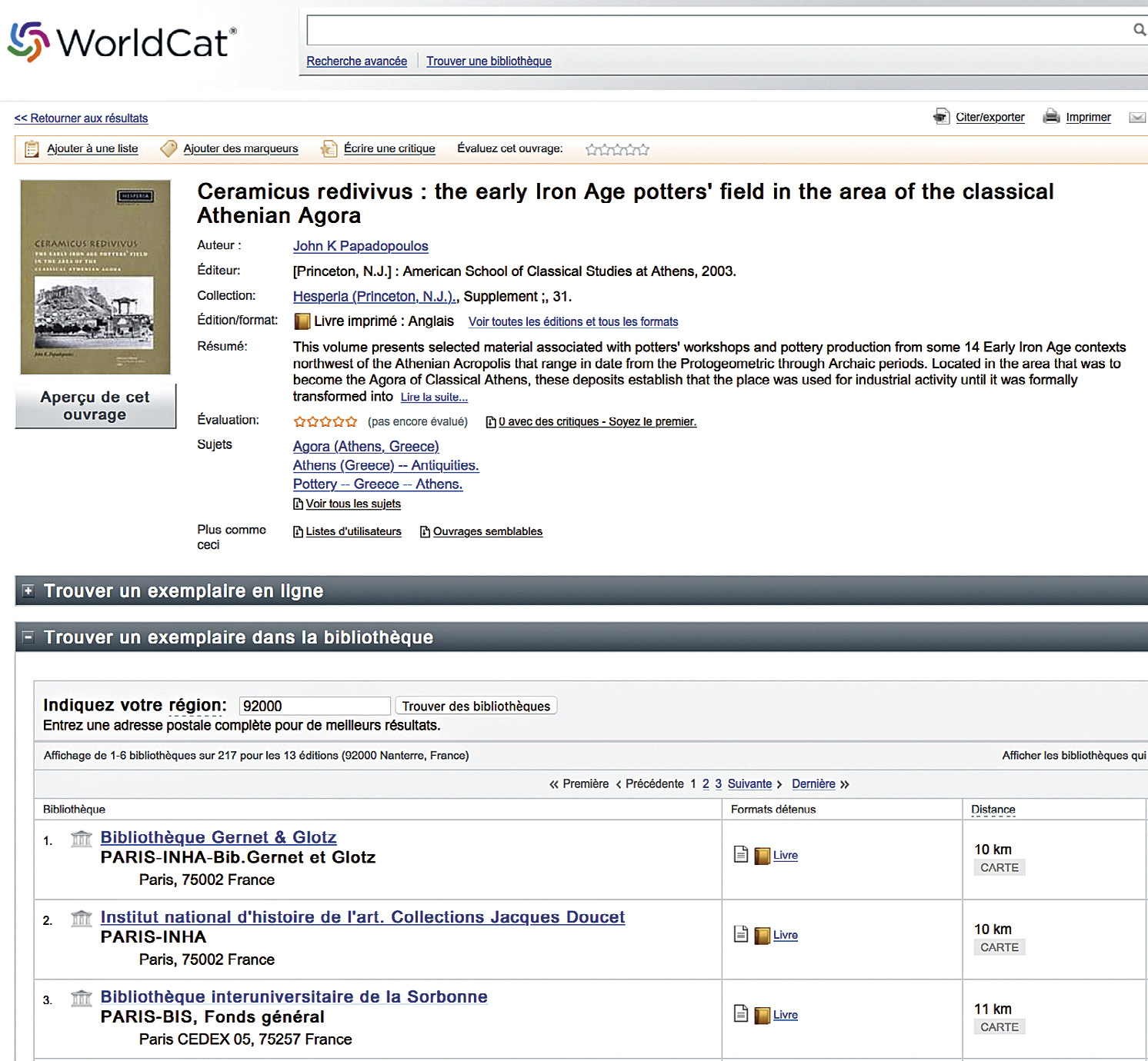 Fig. 50 – Site WorldCat, notice d’un livre et localisation de ce livre dans les bibliothèques les plus proches (https://www.worldcat.org/oclc/231985969; capture d’écran du 16/09/2019).