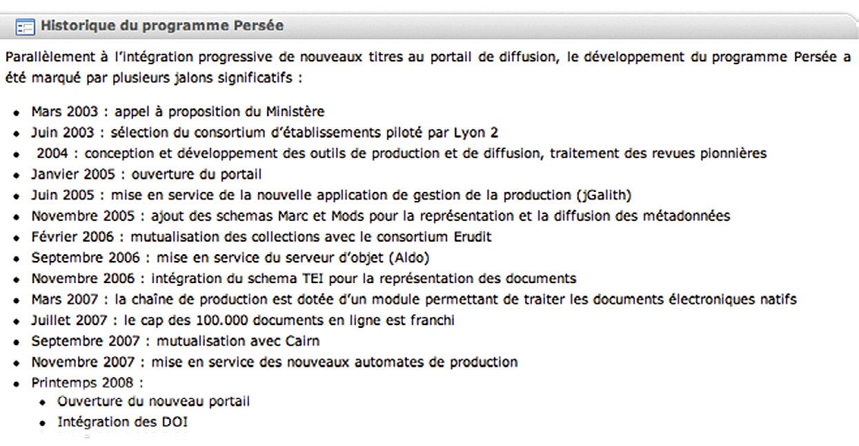 Fig. 53 – Historique informatique du site Persée 2003-2008.