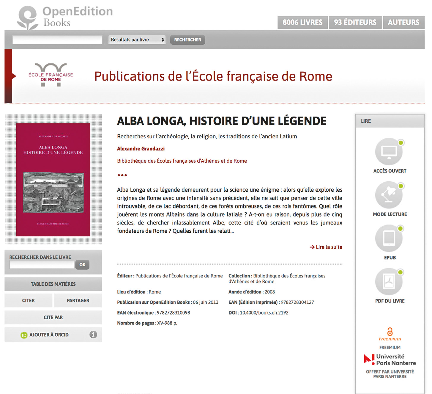 Fig. 60 – Livre électronique de la plateforme OpenEdition Books, née de l’édition électronique ouverte; les icônes à droite de l’écran indiquant quatre modalités d’accès et de lecture (10, https://books.openedition.org/efr/2192; capture d’écran de 05/2019).