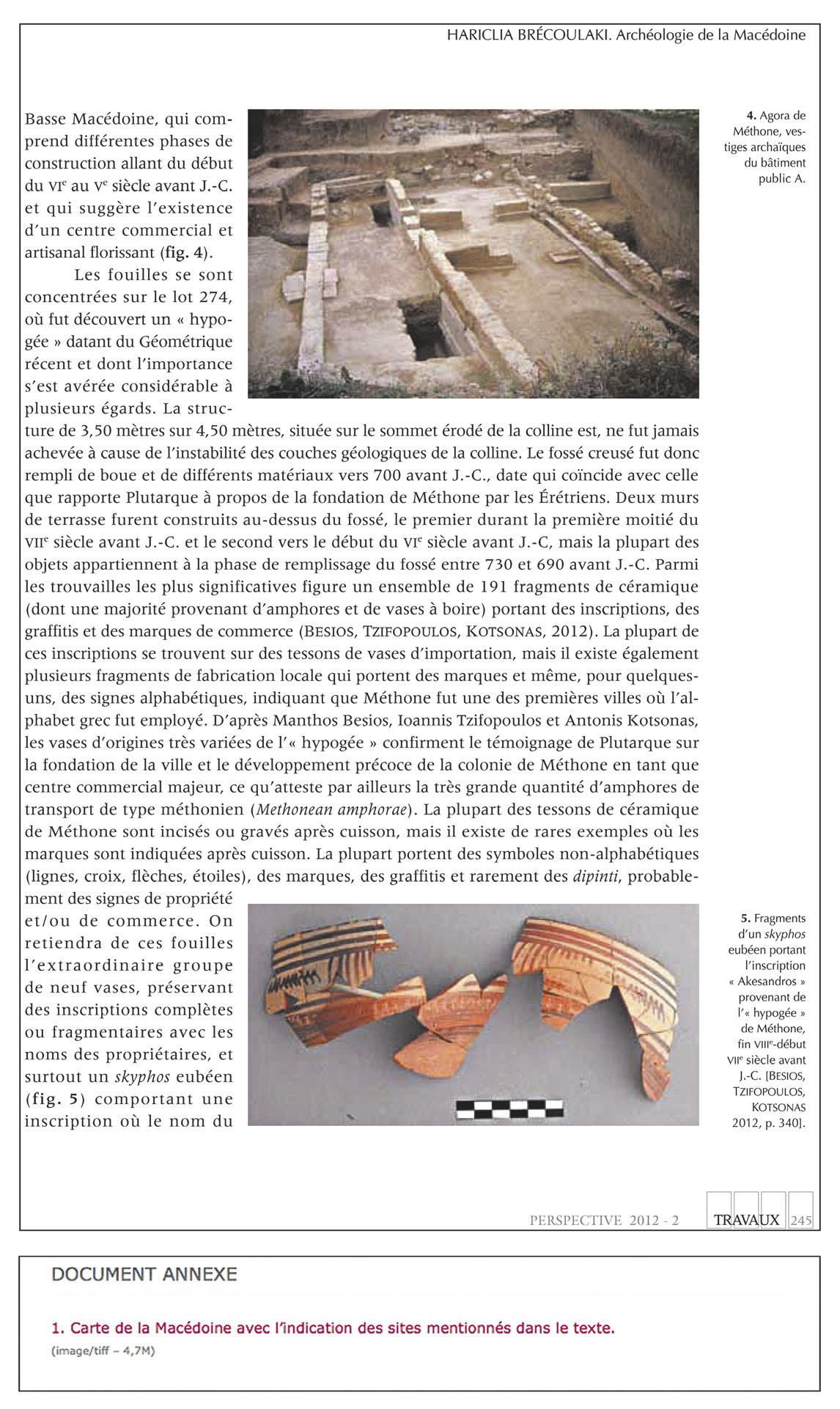 Fig. 62 – Extraits d’un article de la revue Perspective (Brécoulaki 2012 : page illustrée de la version papier en haut ; article mis en ligne sur Revues.org en bas et suppression non-dite des images (https://journals.openedition.org/perspective/125; capture d’écran de 05/2019).