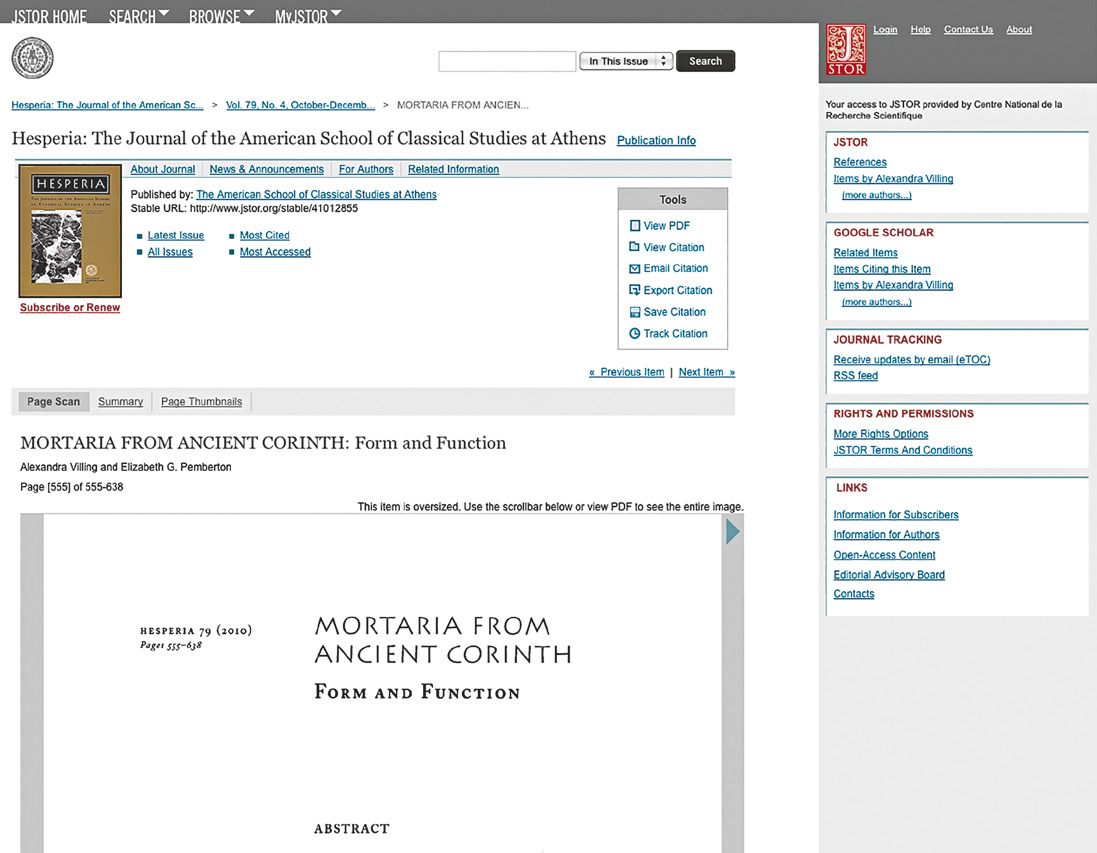 Fig. 63 – Interface du site JSTOR affichant un article de la revue Hesperia (19) et des palettes d’outils (https://www.jstor.org/stable/41012855; capture d’écran du 27/10/2014).