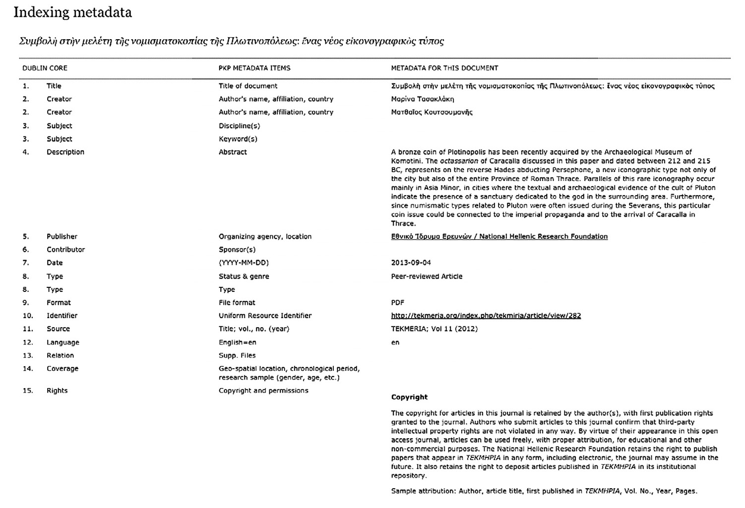 Fig. 66 – Utilisation des métadonnées Dublin Core par la revue Tekmeria (27) (https://ejournals.epublishing.ekt.gr/index.php/tekmiria/article/view/2993, entrée “indexing metadata” du menu de droite; capture d’écran du 12/06/2019).