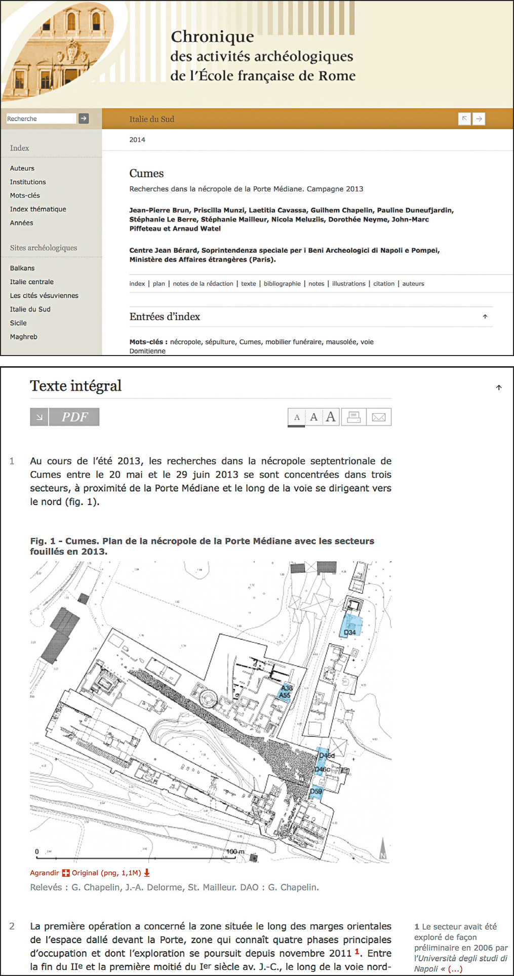 Fig. 71 – Captures d’écran du rapport sur Cumes dans la revue Chronique des activités archéologiques de l’École française de Rome (33): haut de l’écran, titre et signatures et début du texte, note et figure, numérotation des paragraphes (Brun et al. 2014).