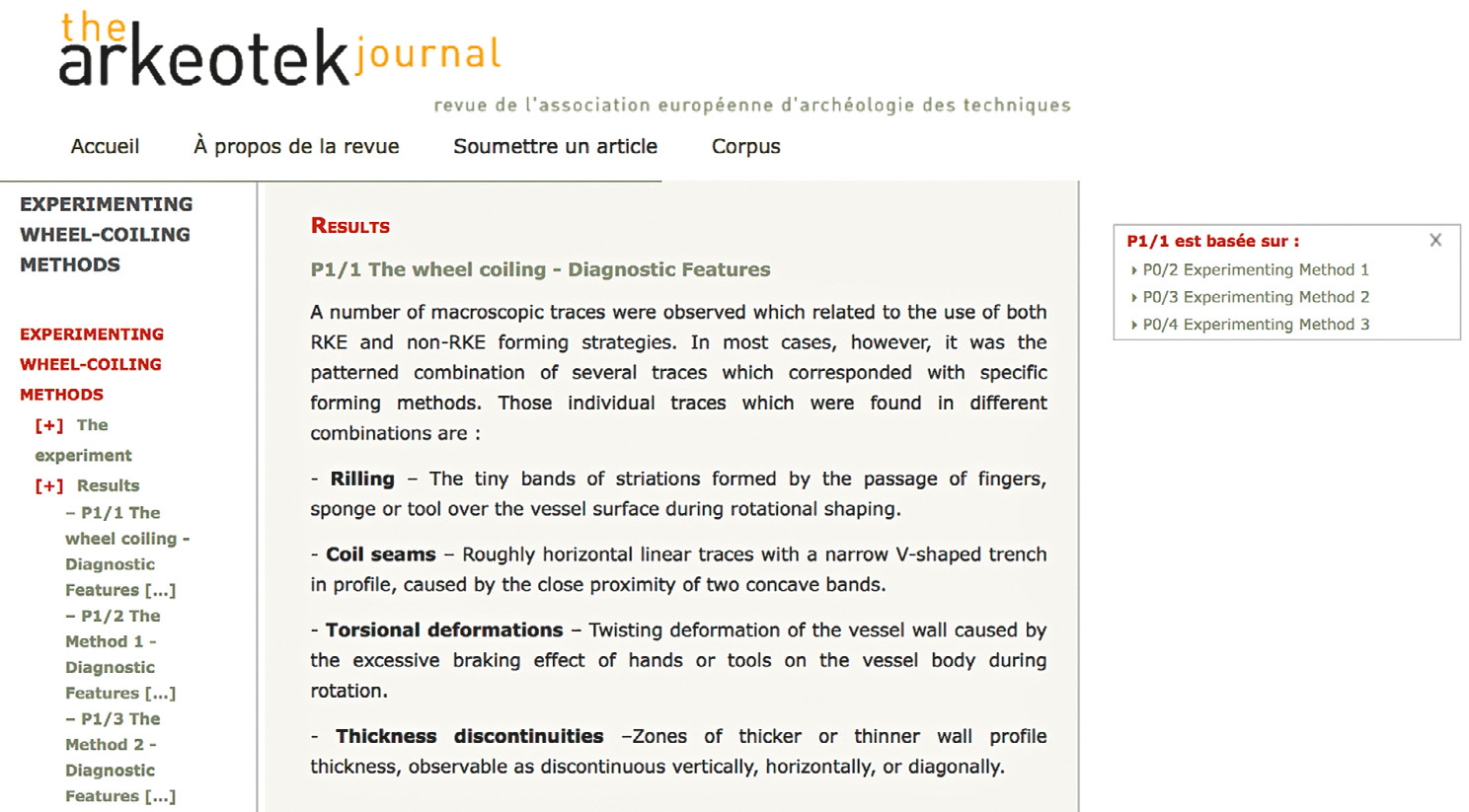 Fig. 73 – Revue Arkeotek, vue de l’article en trois colonnes: le schéma de l’étude (P0 et P1), les résultats de niveau P1/1 et les règles d’inférence (Jeffra 2015; capture d’écran du 15/09/2019).