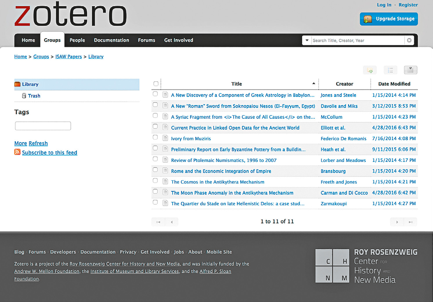 Fig. 75 – ISAW papers, enregistrement de chaque article sur Zotero pour l’automatisation de la préparation de la bibliographie (https://www.zotero.org/groups/242005/isaw_papers? capture d’écran du 28/10/2019).