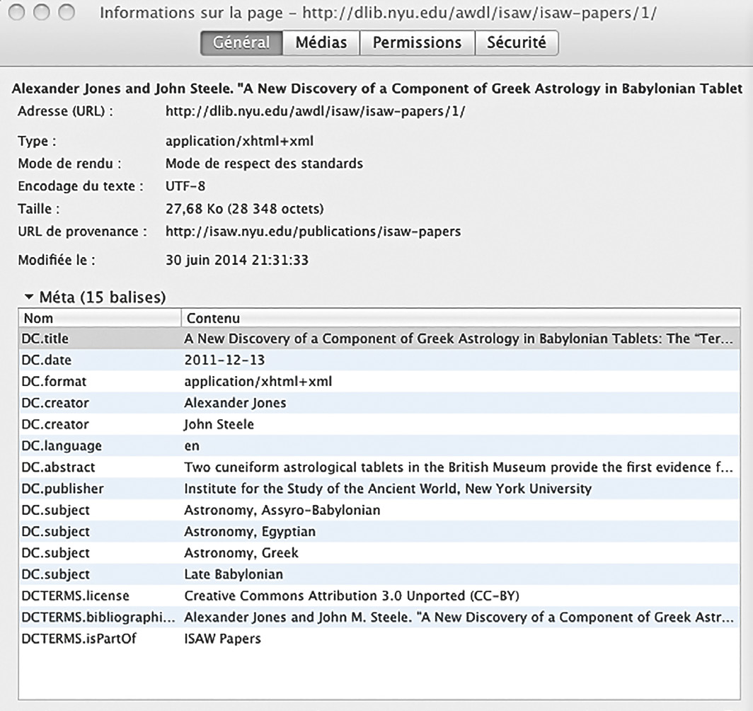 Fig. 76 – ISAW papers, enregistrement de chaque article avec des métadonnées Dublin Core pour l’automatisation des processus de recherche d’information (capture d’écran du 28/11/2015).