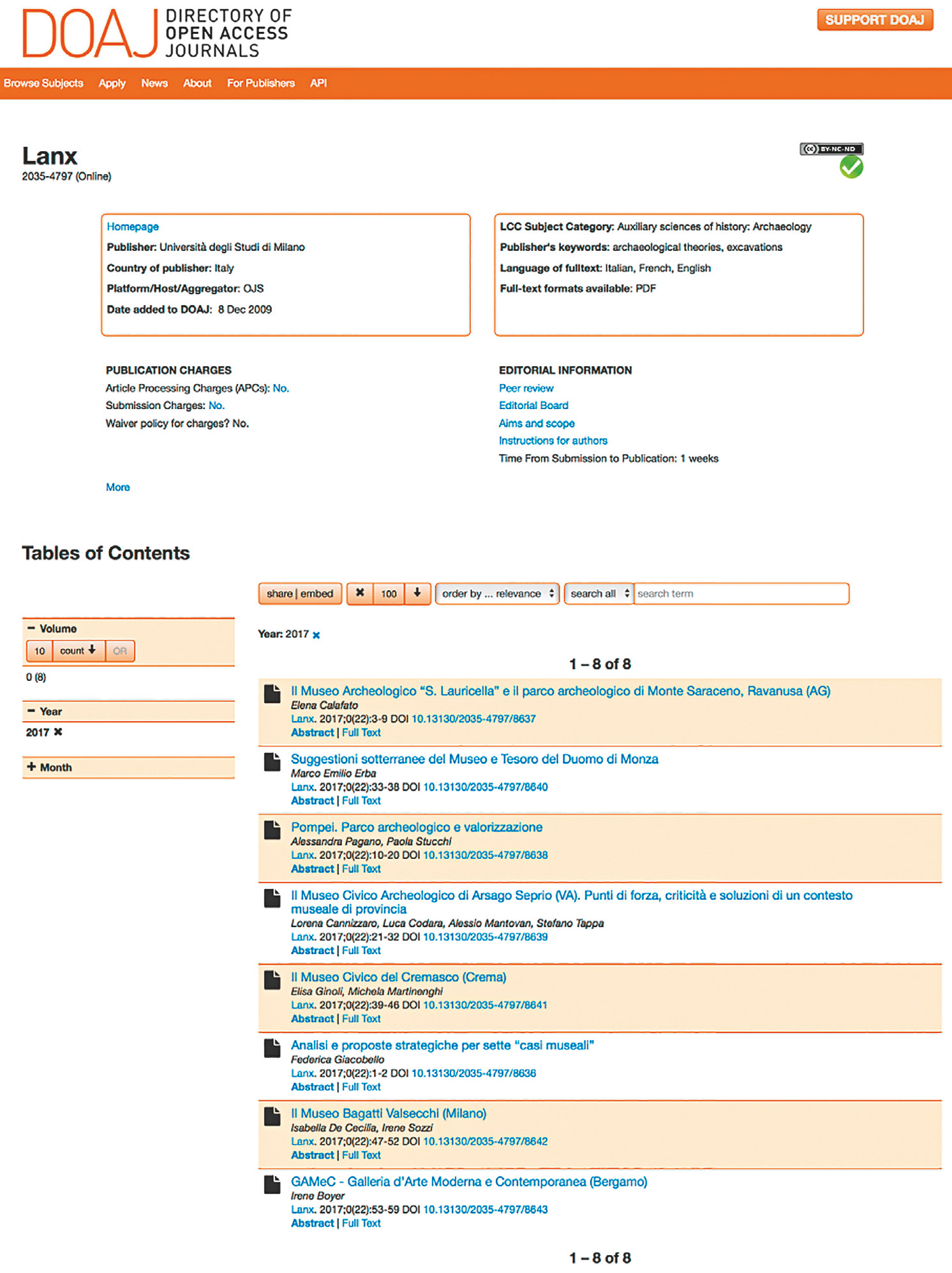 Fig. 77 – Regroupement d’articles de la revue LANX (40) sur l’annuaire Directory of Open Access Journals (https://doaj.org/); capture d’écran du 28/11/2018.