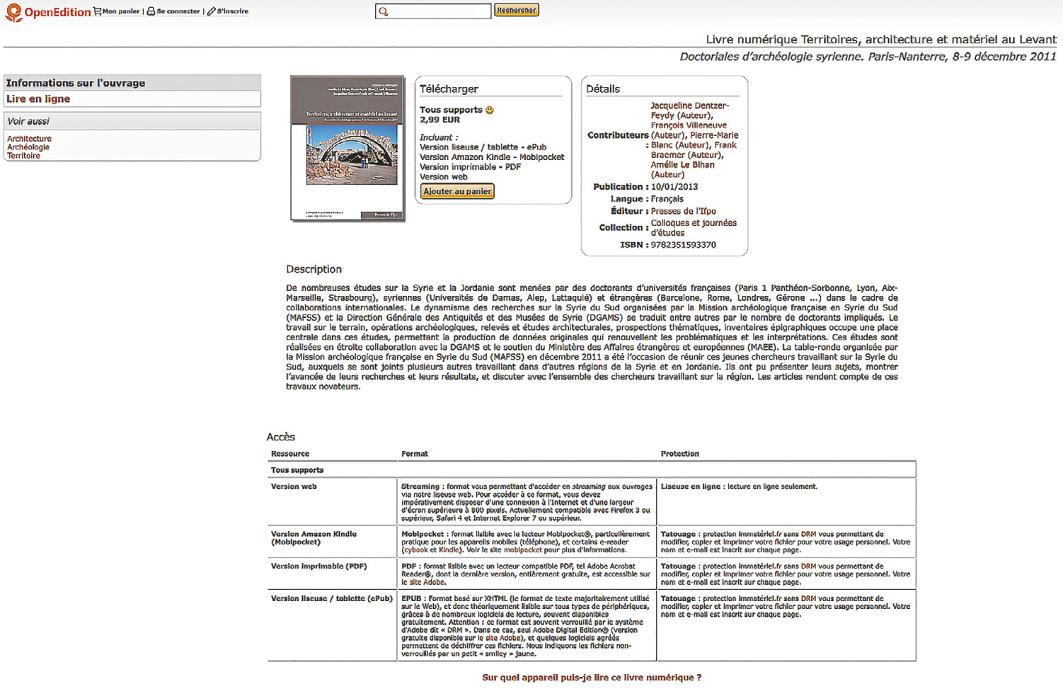 Fig. 79 – Vente d’un ouvrage numérique natif édité par l’Institut français du Proche-Orient en 2016 sur le site Open Edition (44) en 2019, le site de vente est devenu https://www.7switch.com/.