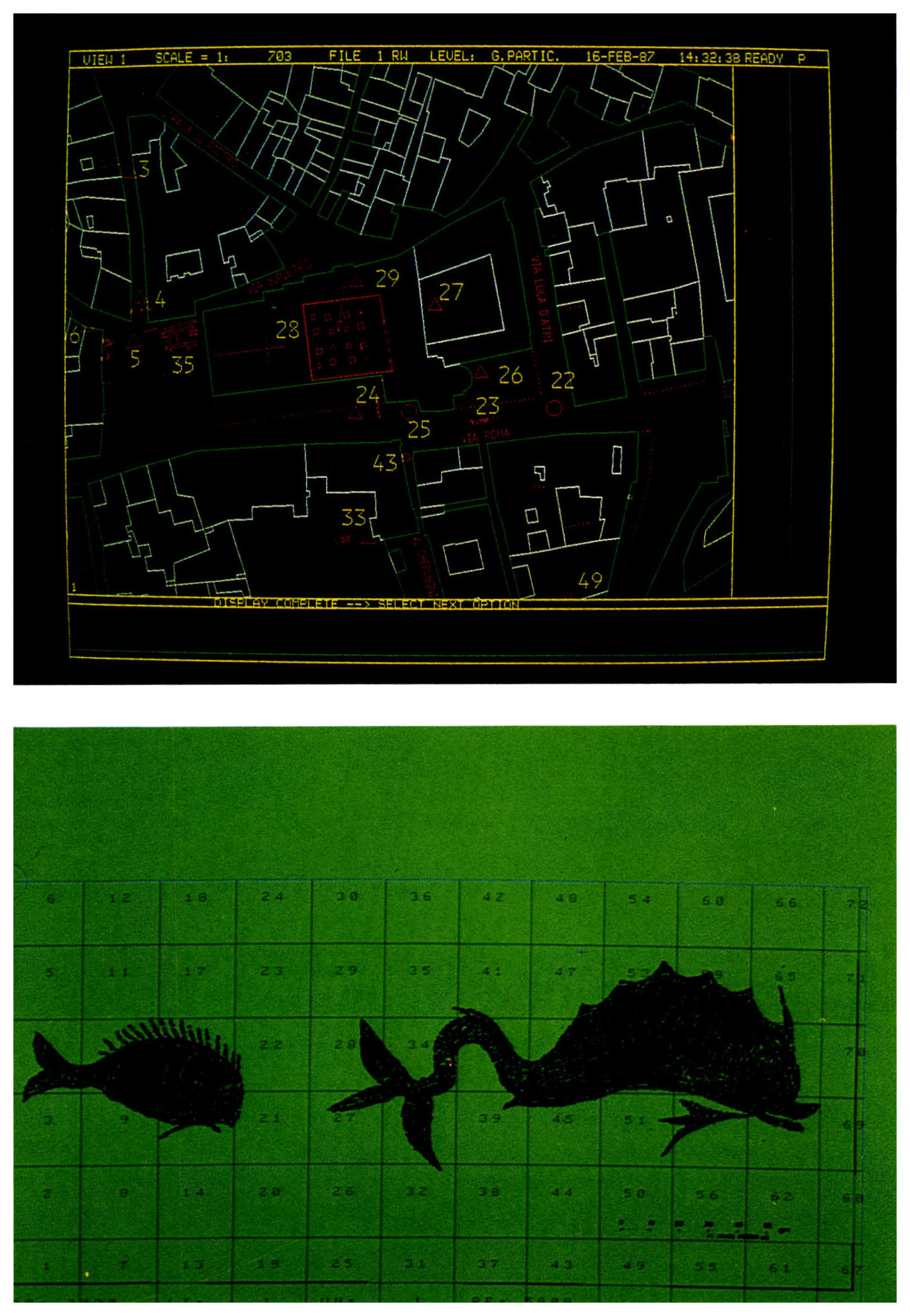 Tav. II a - La carta archeologica di Atri: area della Cattedrale. Nel file grafico finale è stata memorizzata anche la linea del metanodotto (in azzurro), per una verifica in tempo reale dei punti “di scontro” con elementi archeologici. Tav. II b - Il formato raster consente una acquisizione fedele, quasi una "fotocopia elettronica", di immagini e piante di dettaglio, ma solo a fine documentario: particolare del disegno (originale 1:1) del mosaico a decorazioni marine conservato sotto l’altare maggiore della Cattedrale di Atri.