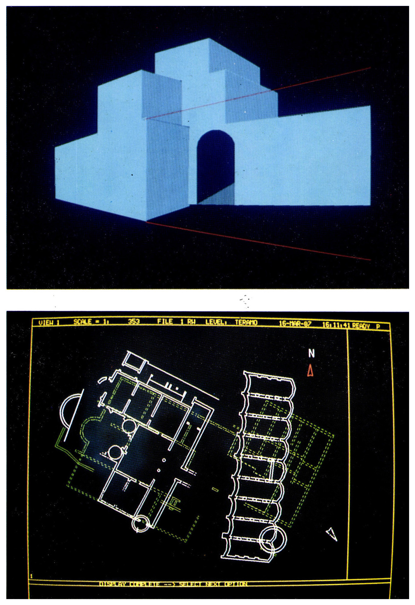 Tav. IV a - Un semplice programma CAD, se utilizzato con basi planimetriche puntuali, può aiutare nella ricostruzione visiva di situazioni scomparse: l’originario andamento delle mura meridionali di Todi, con l’indicazione (in rosso) del nuovo allineamento, relativo alle opere di ristrutturazione urbana del periodo augusteo. Tav. IV b - Un esempio di utilizzazione della pianta parcellaria per il riconoscimento di planimetrie complesse dissimulate all’interno del tessuto edilizio attuale: le terme di Teramo, visibili soltanto in parte nelle cantine del palazzo che le contiene, sono presumibilmente molto più conservate, come dimostra la sovrapposizione (in bianco) della planimetria delle terme della vicina Chieti (carta archeologica di L. Migliorati).